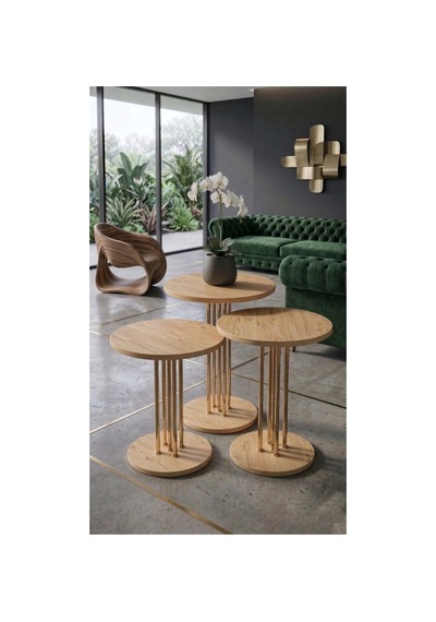 3'lü Yuvarlak Modern Sehpa Altay Gold - Çam Çok Renkli