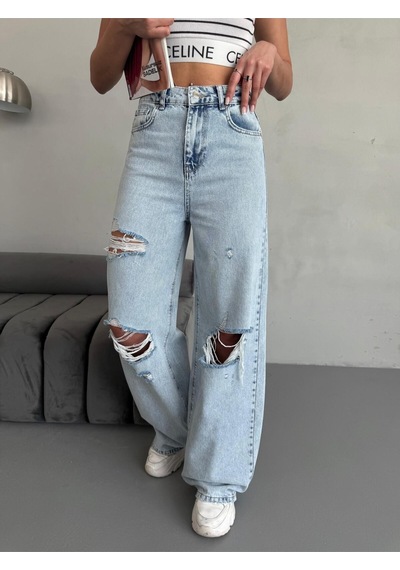 Kadın Baggy Fit Lazerli Yüksek Bel Geniş Paça Kot Pantolon Açık Mavi Mavi+açık