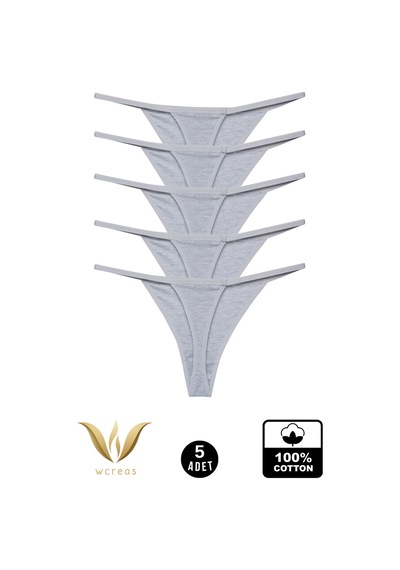 Wcreas Kadın İpli Tanga, Pamuklu Yumuşak Kumaş G-string Tanga 5'li Paket Gri Gri