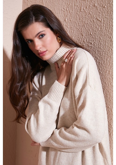 Lela Premium Oversize Fit Balıkçı Yaka Yumuşak Dokulu Triko Bayan Kazak 680Kz00469 Taş
