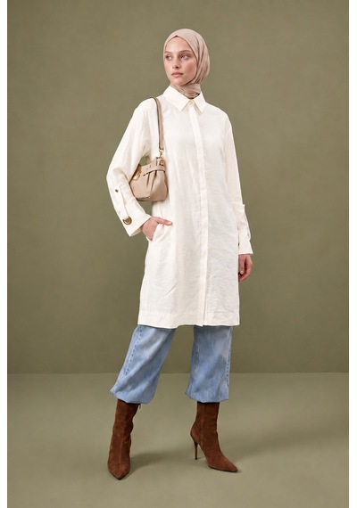 Armine Trend Gizli Düğmeli Yandan Cepki Klasik Yaka Tunik 98 Cm Boy Taş 26kt455