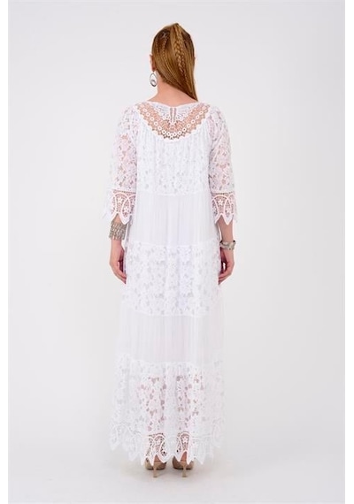 Eren Style İtalyan Sunshine İpek Detaylı Dantelli Elbise-9033 Beyaz