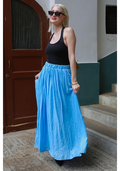 Madmext Bebe Mavisi Vual Kumaş Basic Kadın Uzun Boy Kadın Etek Mg2366 Bebe Mavisi