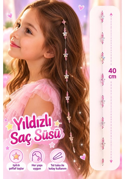Işıltılı Yıldız Boncuklu Pembe Kristalli Çocuk Saç Süsü - 40 Cm Pratik Tel Toka İle Kullanım