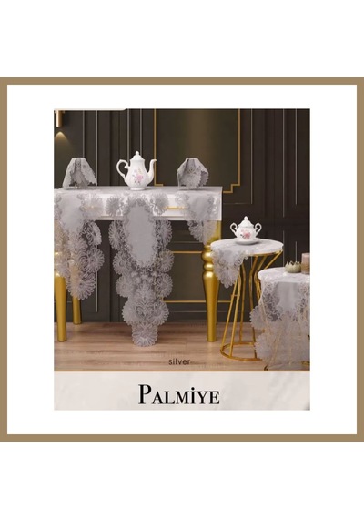 Kahveci.store Salon Takımı 7 Parça Keten Masa Örtüsü Runner Seti Çeyizlik Palmiye Model Gri 22