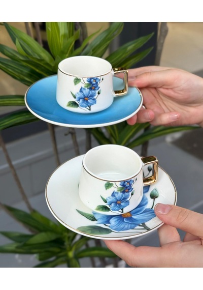 6'lı Porselen Kahve Fincanı Blue Flower-5160 Çok Renkli