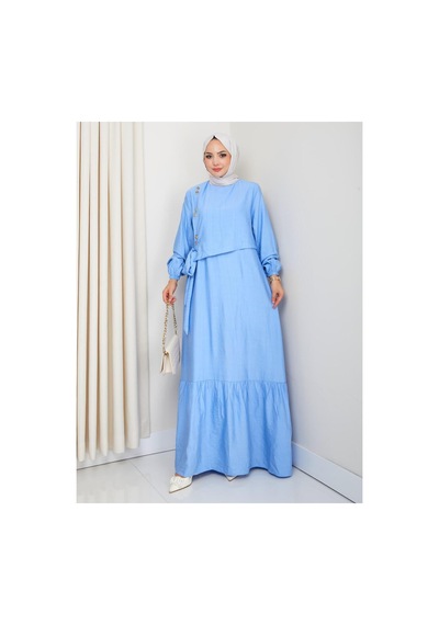 Hb Harma Time Butik Kadın Bağlama Detaylı Mavi Çilek Kumaş Elbise Açık Mavi Açık Mavi