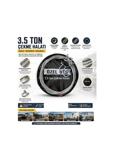 3.5 Ton Çelik Çekme Halatı, Ağır Hizmet Oto Kurtarma Halatı, Yüksek Mukavemetli Çelik Halat, Galvaniz Kaplama Pa