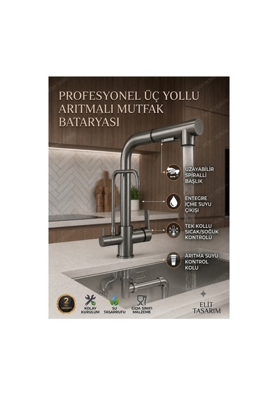 Rena Design Antrasit Aritmali Spiralli 2 Modlu Başlik L Boru Mutfak Evye Bataryasi Prinç Armatür Musluk