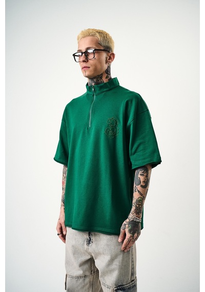 Respire Erkek 3 Nakışlı Yarım Fermuarlı Oversize T-shirt Nefti