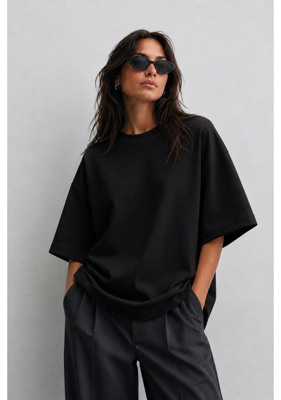 Modivibe Kadın Oversize T-shirt Kalın Dokulu %100 Pamuk Geniş Kesim Siyah