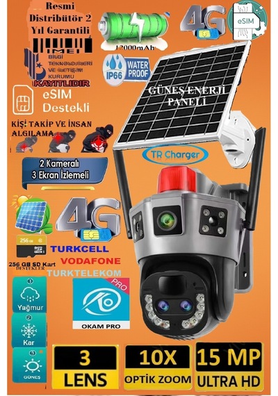 Okam Pro 6020 15mp 3 Lensli 4g Esım Destekli Güneş Enerjili Güven
