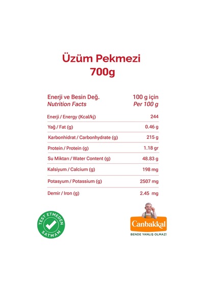 Canbakkal Üzüm Pekmezi İlave Şeker İçermez Pestisit Analizli 700 G