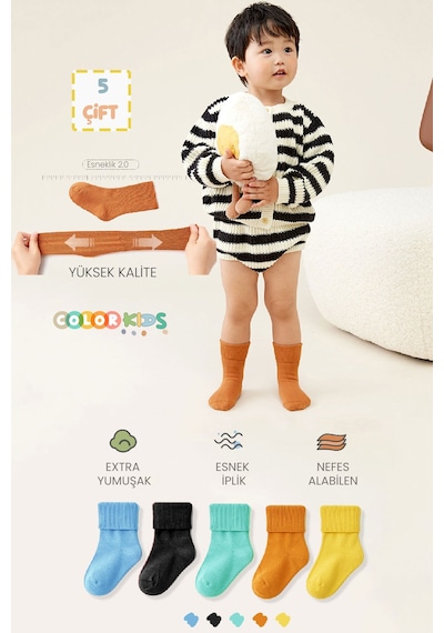 Color Socks 5'li Extra Yumuşak Yenidoğan Kıvrık Çorap Yüksek Kalite Karışık
