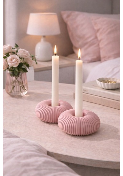 Dekoratif 2'li Toz Pembe Şamdanlık Pembe
