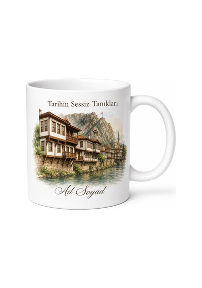 Amasya Tarihi Evler Temalı Baskılı Kupa Bardak Hediye Porselen Mug Beyaz / Çok Renkli