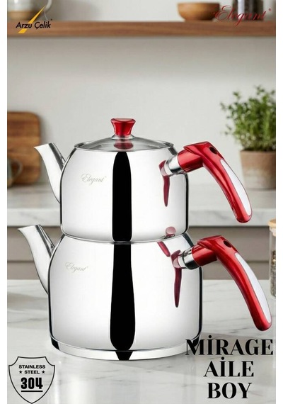 Mirage Aile Boy Bakalit Kulplu Çaydanlık Takımı - İnsörtlü Kırmızı Kırmızı