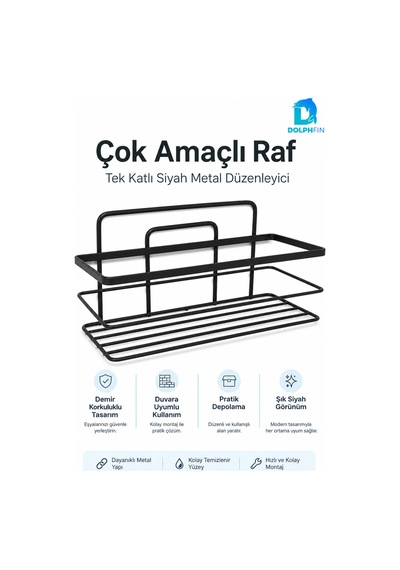 Tek Katlı Siyah Metal Çok Amaçlı Raf Duvar Rafı Banyo Mutfak Düzenleyici Organizer