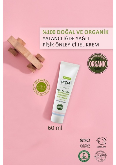 INCIA %100 Doğal Pişik Önleyici Jel Krem Organik Yalancı İğde Bakım Kremi Bitkisel 60 ml