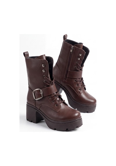 V.s.h Velvet Hayka Yüksek Tabanlı 8 Cm Tokalı Bağcıklı Kadın Kahverengi Bot-2559