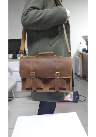 Nyc Giyim Tekstil Hakiki Dana Derisi El Dikişli Deri Evrak Çantası, Omuz Askılı, Çok Gözlü, 35x26x9 Cm, Laptop Ve Tablet İçin İdeal,siyah,kahve,taba Carzy Renk Seçenekleriyle