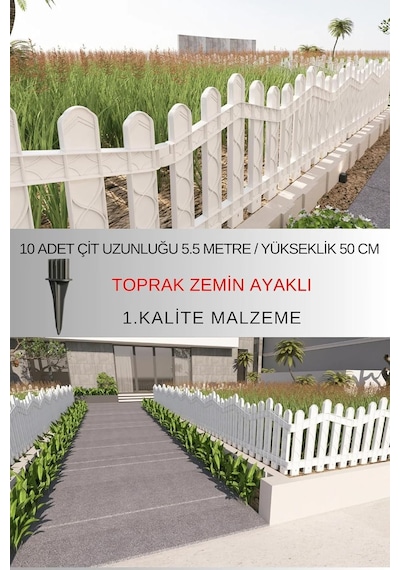 Dekoratif Plastik Bahçe Ve Peyzaj Çiti 10 Adet Çit Y: 50 Cm/g: 5.5 M Toprak Ayaklı Beyaz