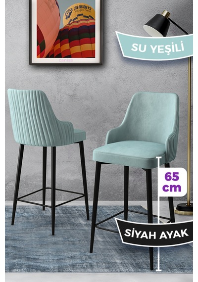 Canisa Tera Serisi 2 Su Yeşili Sandalye 65 Cm Ada Mutfak Bar Sandalyesi Babyface Kumaş Siyah Metal Ayaklı Su Yeşili Sandalye Siyah Ayak