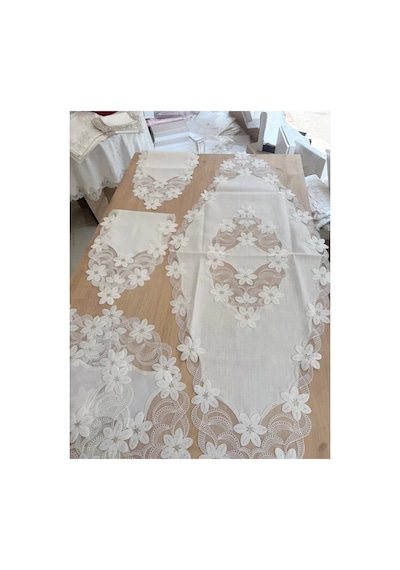 Salon Takımı Çeyizlik Krem Runner Set 5 Parça Keten Masa Örtüsü Runneri Lüx Evita Çok Renkli