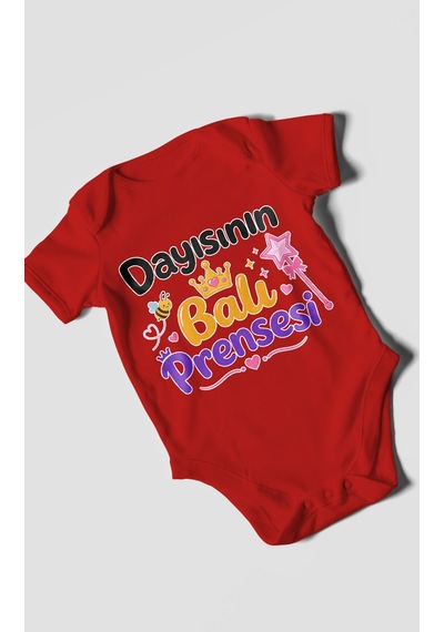 Morivokids Dayısının Ballı Prensesi Kısa Kollu Bebek Body %100 Pamuk Kırmızı