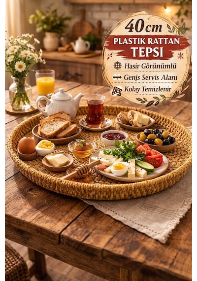 Doğal Hasır Görünümlü Plastik Rattan Tepsi Yuvarlak Dekor Servis Tepsisi Sunum Organizer 40 Cm