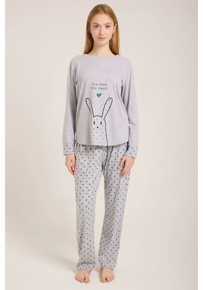 Kadın Gri Tavşan Baskılı Pijama Takımı Gri