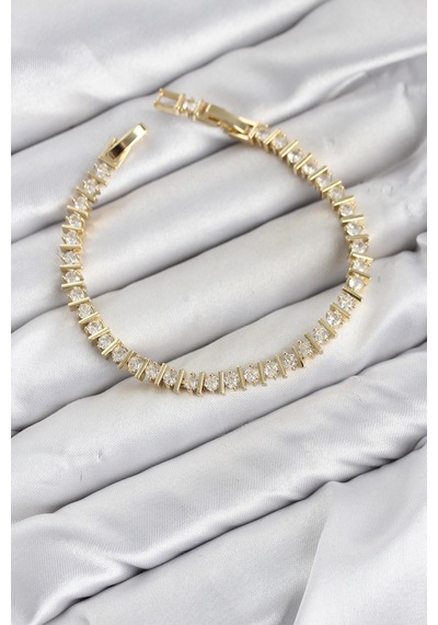 Cm Şerit Model Zirkon Taşlı Vıp Seri Gold Renk Pirinç Kadın Bileklik Altın