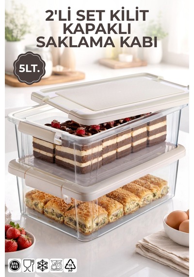 2'li Set 5lt. Decobox Çok Amaçlı Saklama Kabı - Piknik Taşıma Seti - 5lt. Krem