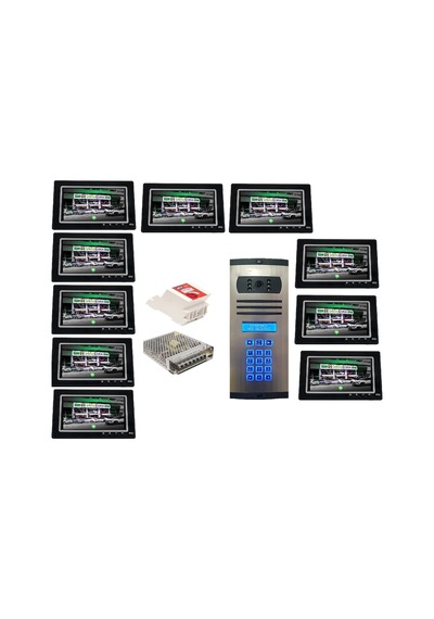 11 Daire Nts 2015-s 7'' Görüntülü Diafon Siyah-8003 Tuş Takımlı Şifreli Zil Panelli Set