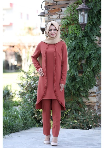 İbrahim Burak Etiler Collection Gül İşlemeli İkili Takım Mc1434 Kiremit