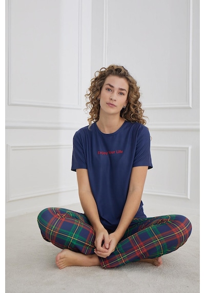 Kompedan Kadın Ekose Desenli Bisiklet Yaka Pijama Takım Lacivert 30102-1281 Lacivert