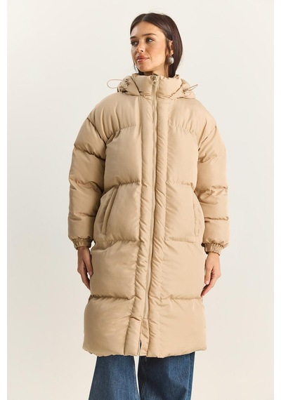 Shade Kadın Cep Detaylı Astarlı Kapüşonlu Uzun Puffer Mont 1129 60283868 - Bej