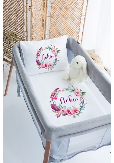 Lilabio %100 Pamuk Saten İsme Özel İsimli 70x120 Park Yatak Nevresim Seti Çiçek Çemberi-pembe