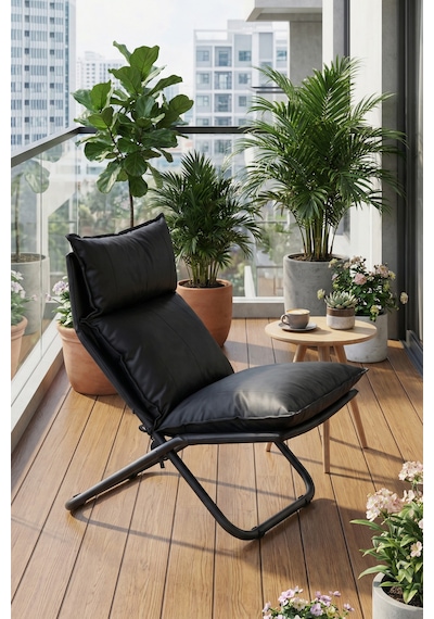 Lumis Garden Prestij Katlanabilir Deri Lounge Koltuğu Çıkarılabilir Kılıf, Modern Metal İskelet Siyah