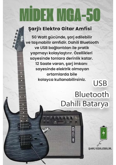 Midex Crade-50amp Grey Rosewood Super Strat Kasa Hh Yüksek Kaliteli 50w Amfili Elektro Gitar Seti