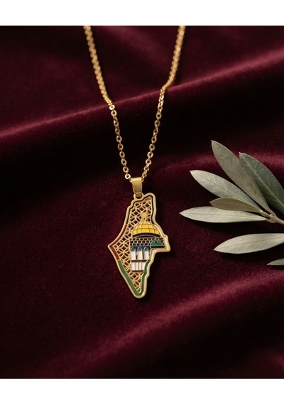 Filistin Haritası Kubbetü S Sahra İle Paslanmaz Gold Kaplamalı Zinciri Unisex Kolye J300041