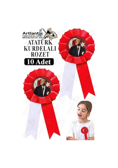 Atatürk Kurdelalı Rozet 10 Adet Kırmızı Beyaz Yaka Rozeti Çocuk Bayram Etkinlik 15 Cm Kokart