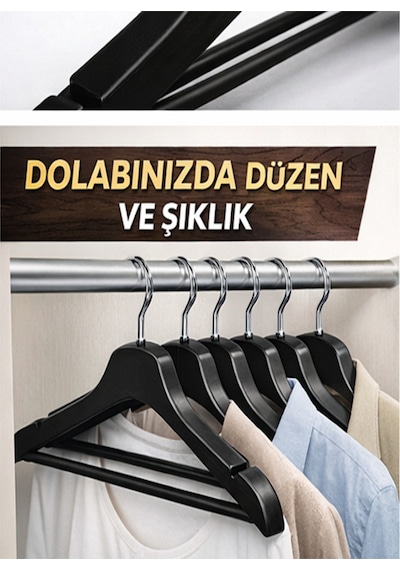 6 Adet Lüks Ahşap Görünümlü Plastik Elbise & Kıyafet Askısı Dayanıklı Gardırop Askılığı Plastik Si Diğer