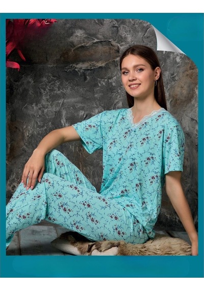 Sude Kadın Bambu Yakası Nakışlı V Yaka Kısa Kol İnce Pijama Takımı P300/312 - 1 Adet 001