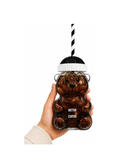 Ayıcık Cam Bardak 500 Ml Şeffaf Kalın Cam Kağıt Pipetli Soğuk İçecek, Kahve, Detoks Ve Frozen İçin Uygun Siyah Açık Kırmızı