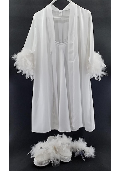 Bride Set Tüylü Model Gümüş Taş İşlemeli Sabahlık /Gecelik Terli