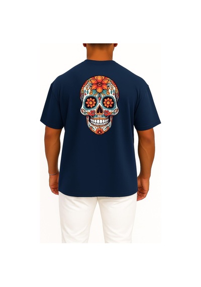 Bahriyeli Collection Oversize Mexican Day Of The Dead Skull Orange Pattern Cep Ve Sırt Tasarımlı Unisex T-shirt Lacivert