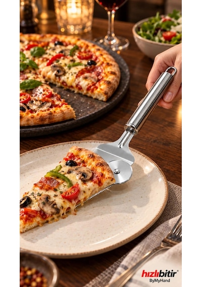Bymyhand Paslanmaz Çelik Pizza Kesicili Servis Spatulası Metalik Gri