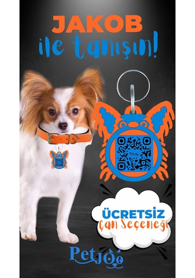 Petjoo 8.Jakob Mavi-Turuncu Qr'lı Köpek Künyesi