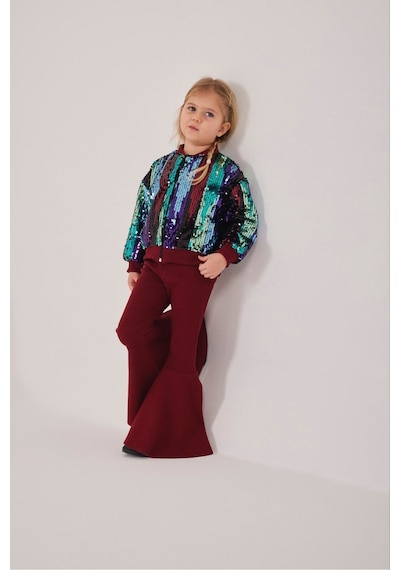 My Kids Wear Kız Çocuk Bayramlık Payetli Ceket & İspanyol Paça Tayt Takımı 12476 Bordo